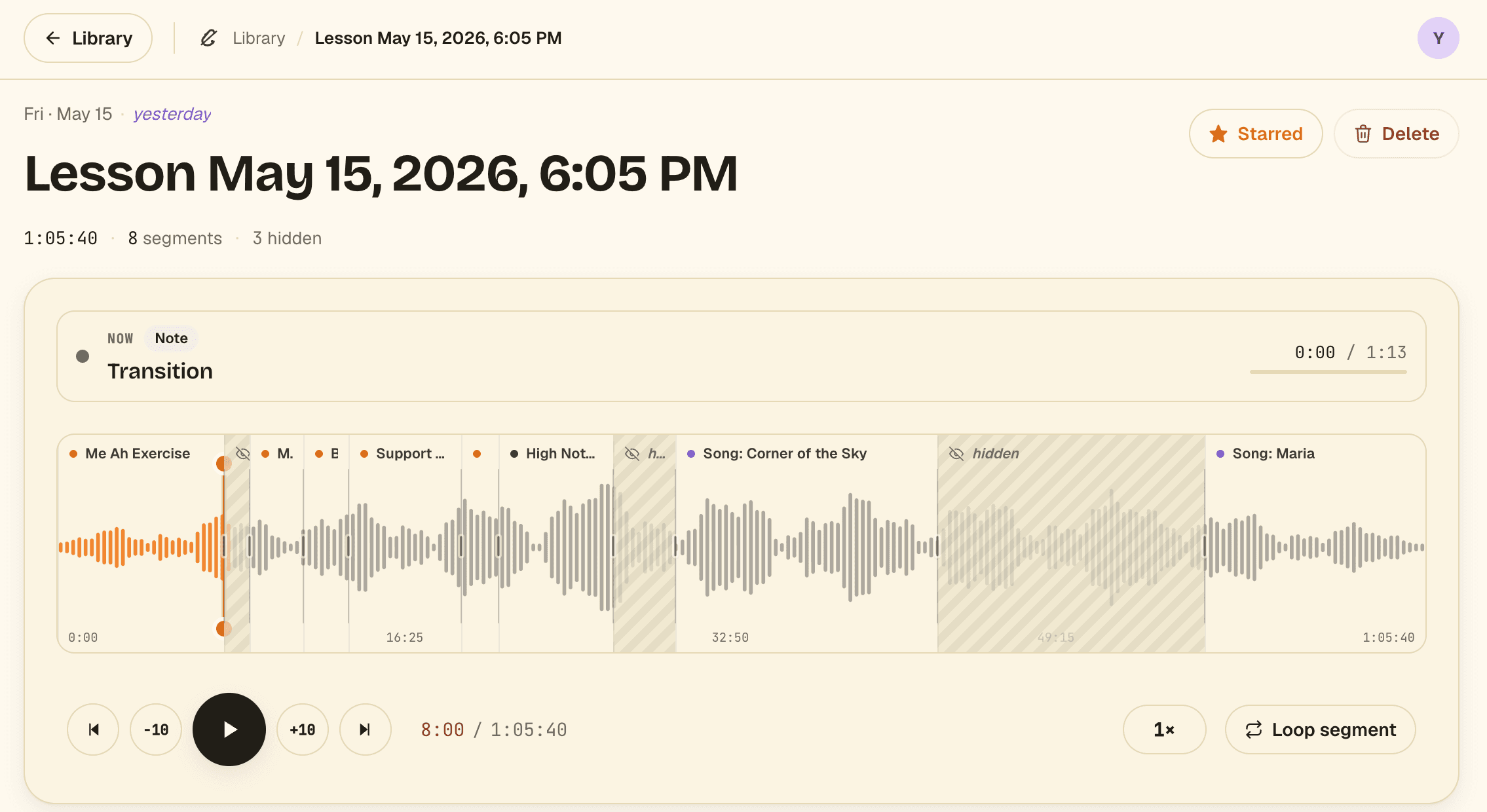 A Segno lesson with labeled waveform segments and a list of exercises